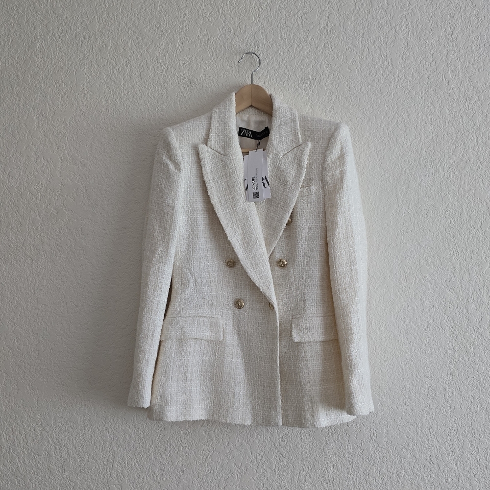 ZARA Tweed Textured Double Breasted Blazer gold buttons size S - Picture 16 of 16